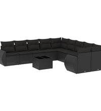 11-tlg. Garten-Sofagarnitur mit Kissen Schwarz Poly Rattan