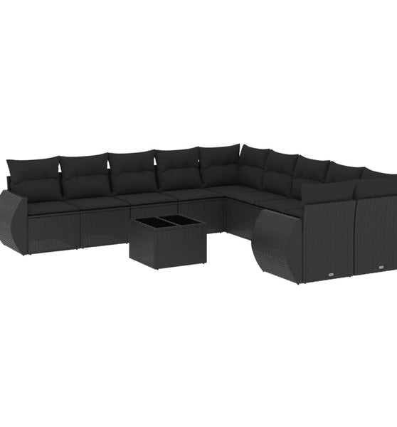 11-tlg. Garten-Sofagarnitur mit Kissen Schwarz Poly Rattan