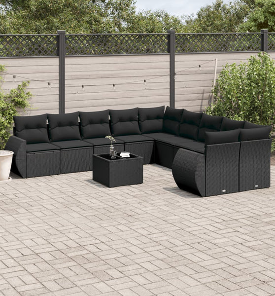 11-tlg. Garten-Sofagarnitur mit Kissen Schwarz Poly Rattan