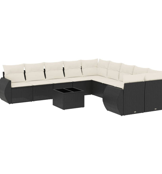 11-tlg. Garten-Sofagarnitur mit Kissen Schwarz Poly Rattan