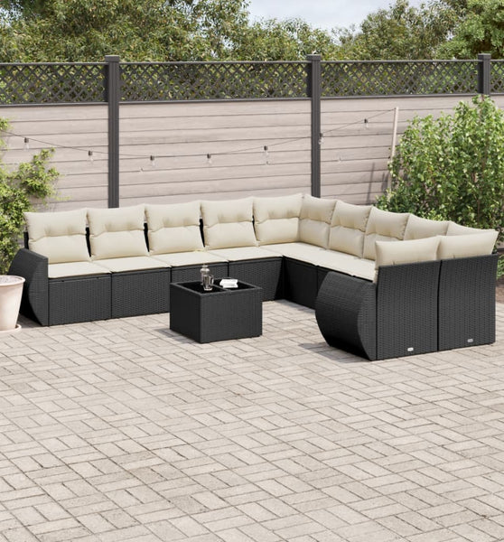 11-tlg. Garten-Sofagarnitur mit Kissen Schwarz Poly Rattan