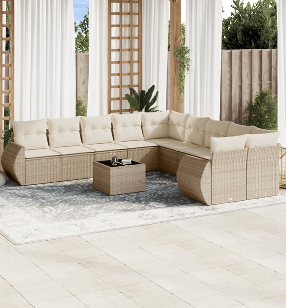 11-tlg. Garten-Sofagarnitur mit Kissen Beige Poly Rattan