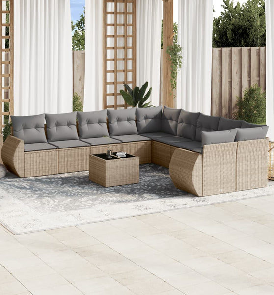 11-tlg. Garten-Sofagarnitur mit Kissen Beige Poly Rattan