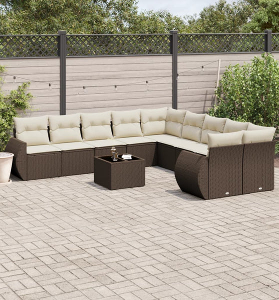 11-tlg. Garten-Sofagarnitur mit Kissen Braun Poly Rattan