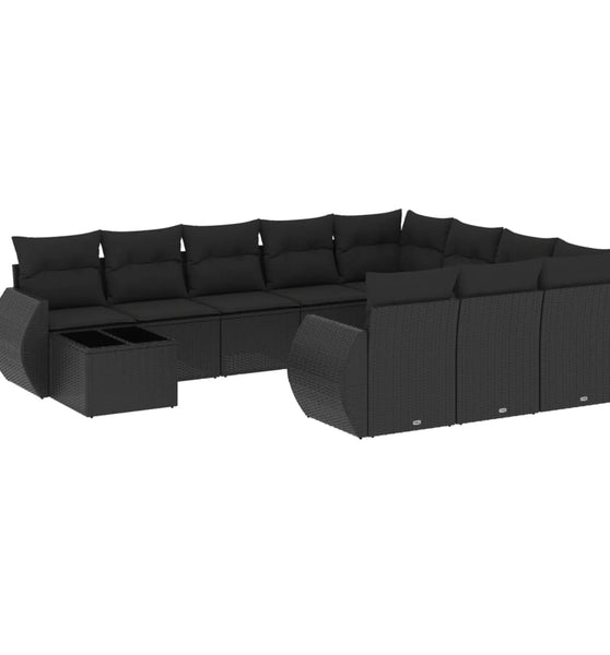 11-tlg. Garten-Sofagarnitur mit Kissen Schwarz Poly Rattan