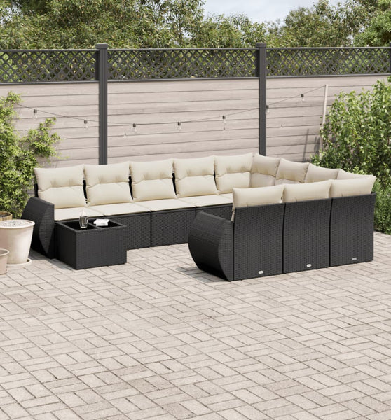 11-tlg. Garten-Sofagarnitur mit Kissen Schwarz Poly Rattan