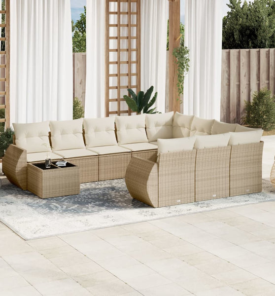 11-tlg. Garten-Sofagarnitur mit Kissen Beige Poly Rattan