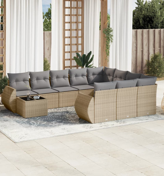 11-tlg. Garten-Sofagarnitur mit Kissen Beige Poly Rattan