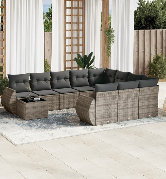 11-tlg. Garten-Sofagarnitur mit Kissen Grau Poly Rattan