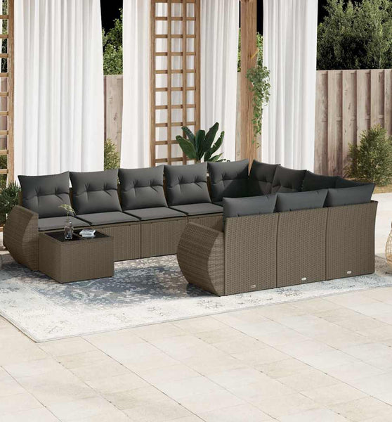 11-tlg. Garten-Sofagarnitur mit Kissen Hellgrau Poly Rattan