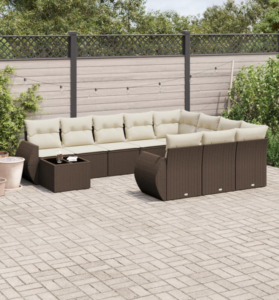 11-tlg. Garten-Sofagarnitur mit Kissen Braun Poly Rattan