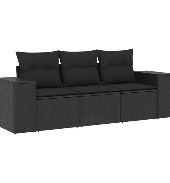 3-tlg. Garten-Sofagarnitur mit Kissen Schwarz Poly Rattan