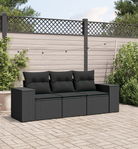 3-tlg. Garten-Sofagarnitur mit Kissen Schwarz Poly Rattan