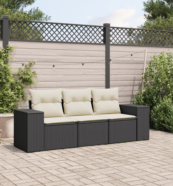 3-tlg. Garten-Sofagarnitur mit Kissen Schwarz Poly Rattan