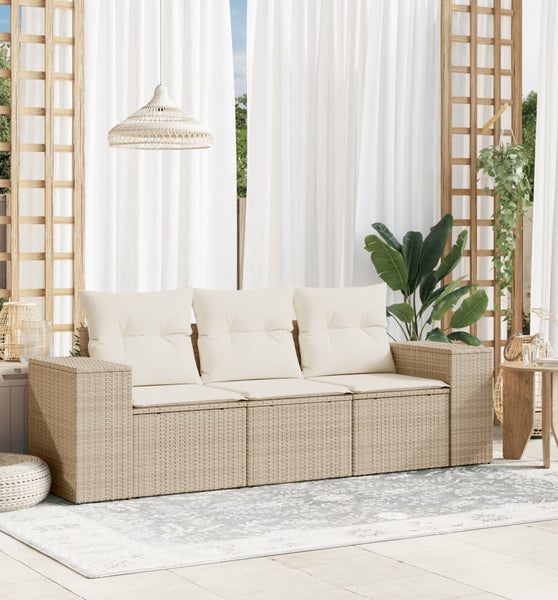 3-tlg. Garten-Sofagarnitur mit Kissen Beige Poly Rattan