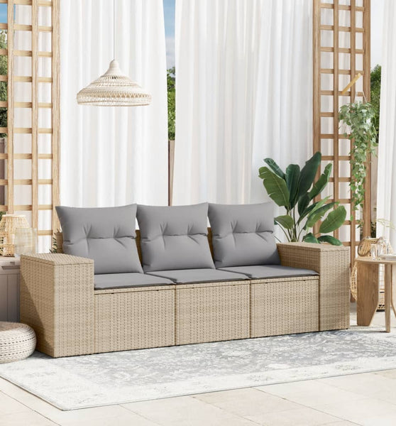 3-tlg. Garten-Sofagarnitur mit Kissen Beige Poly Rattan