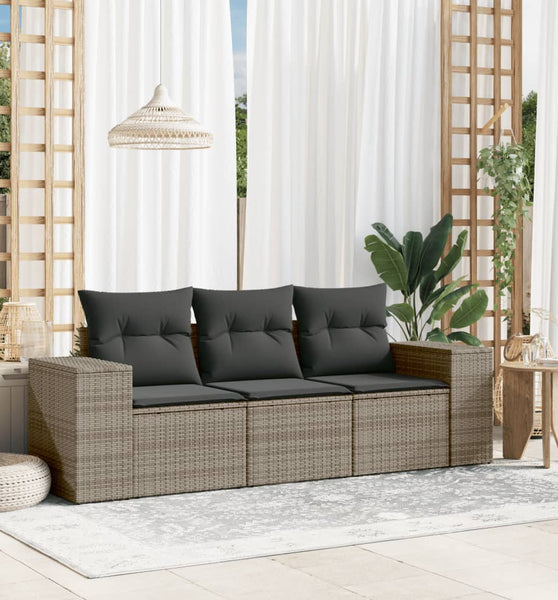 3-tlg. Garten-Sofagarnitur mit Kissen Grau Poly Rattan