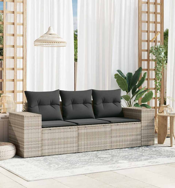 3-tlg. Garten-Sofagarnitur mit Kissen Hellgrau Poly Rattan