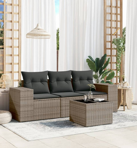 4-tlg. Garten-Sofagarnitur mit Kissen Grau Poly Rattan