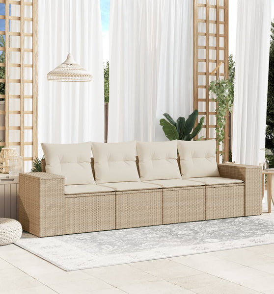 4-tlg. Garten-Sofagarnitur mit Kissen Beige Poly Rattan