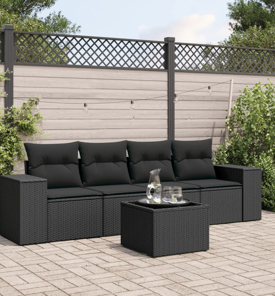 5-tlg. Garten-Sofagarnitur mit Kissen Schwarz Poly Rattan