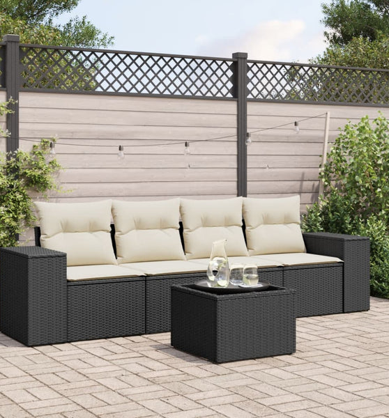 5-tlg. Garten-Sofagarnitur mit Kissen Schwarz Poly Rattan