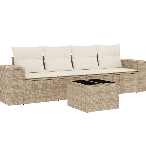 5-tlg. Garten-Sofagarnitur mit Kissen Beige Poly Rattan