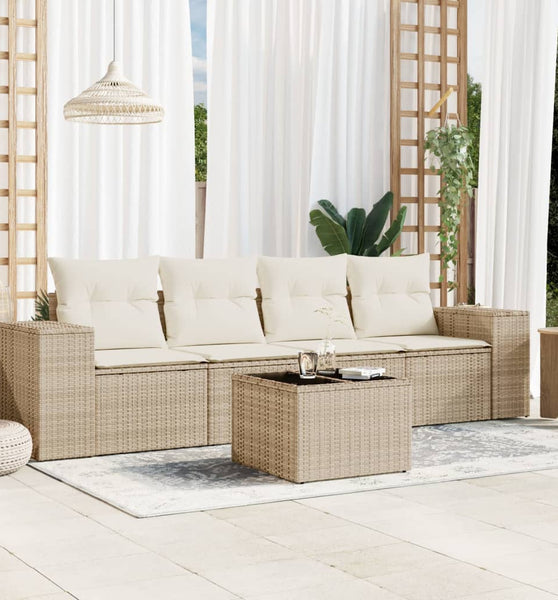 5-tlg. Garten-Sofagarnitur mit Kissen Beige Poly Rattan