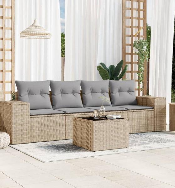 5-tlg. Garten-Sofagarnitur mit Kissen Beige Poly Rattan