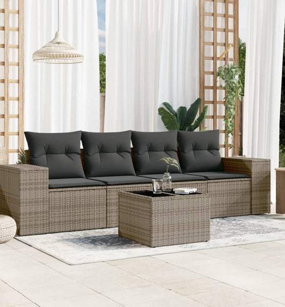 5-tlg. Garten-Sofagarnitur mit Kissen Grau Poly Rattan