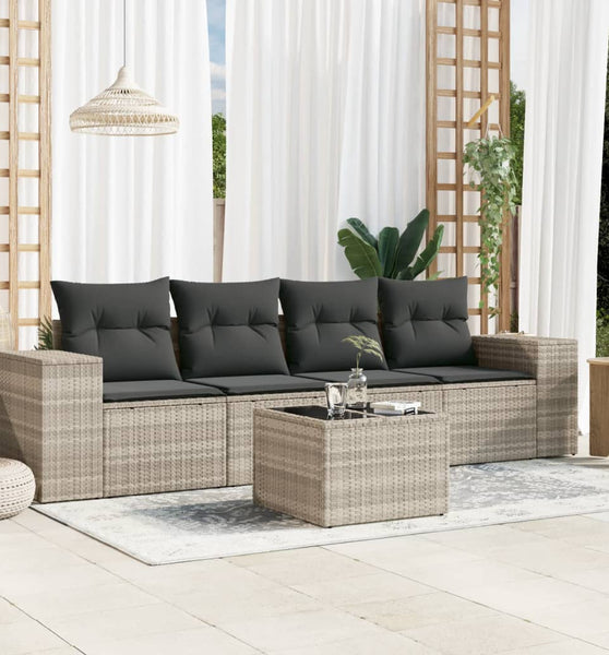 5-tlg. Garten-Sofagarnitur mit Kissen Hellgrau Poly Rattan