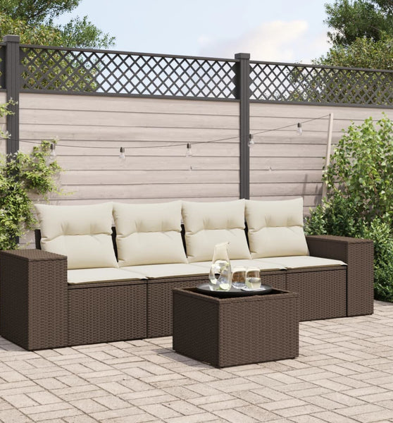 5-tlg. Garten-Sofagarnitur mit Kissen Braun Poly Rattan