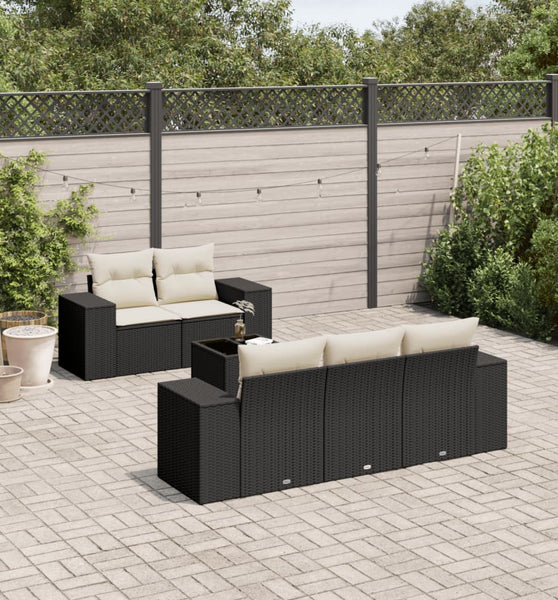 6-tlg. Garten-Sofagarnitur mit Kissen Schwarz Poly Rattan
