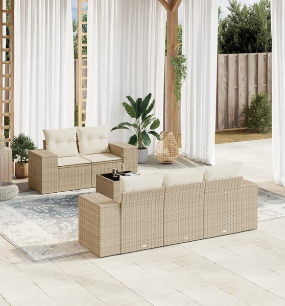 6-tlg. Garten-Sofagarnitur mit Kissen Beige Poly Rattan