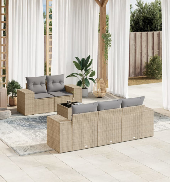 6-tlg. Garten-Sofagarnitur mit Kissen Beige Poly Rattan