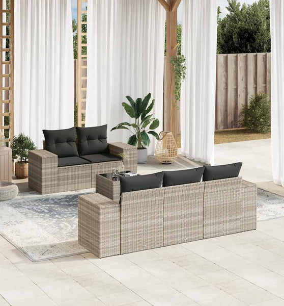 6-tlg. Garten-Sofagarnitur mit Kissen Hellgrau Poly Rattan
