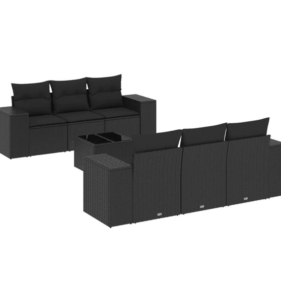 7-tlg. Garten-Sofagarnitur mit Kissen Schwarz Poly Rattan