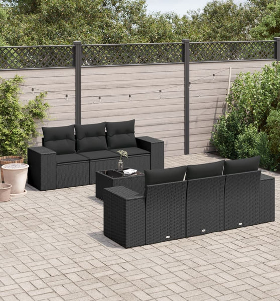 7-tlg. Garten-Sofagarnitur mit Kissen Schwarz Poly Rattan