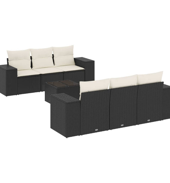 7-tlg. Garten-Sofagarnitur mit Kissen Schwarz Poly Rattan