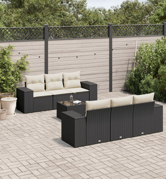 7-tlg. Garten-Sofagarnitur mit Kissen Schwarz Poly Rattan