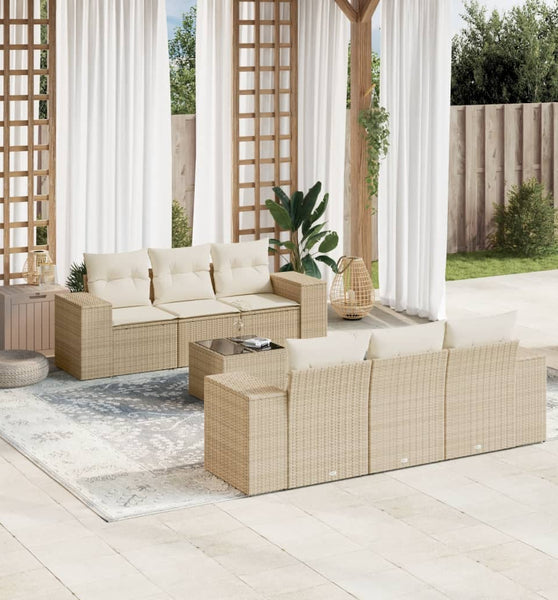 7-tlg. Garten-Sofagarnitur mit Kissen Beige Poly Rattan