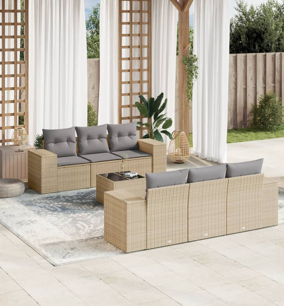 7-tlg. Garten-Sofagarnitur mit Kissen Beige Poly Rattan