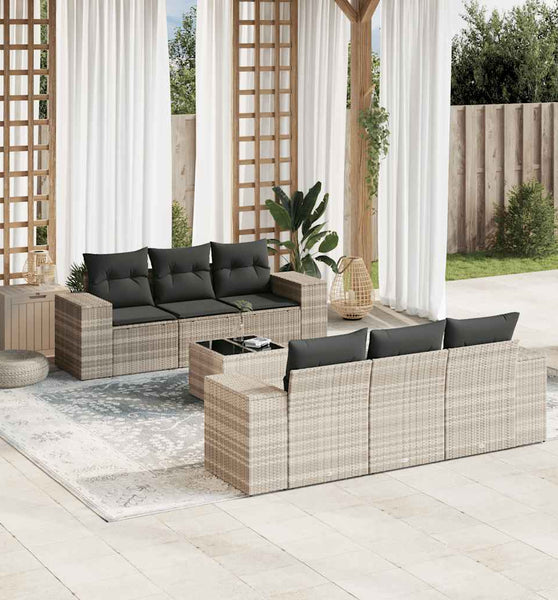 7-tlg. Garten-Sofagarnitur mit Kissen Hellgrau Poly Rattan