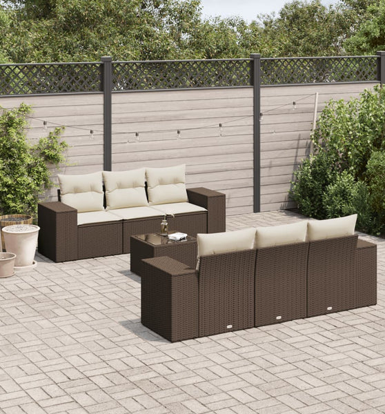 7-tlg. Garten-Sofagarnitur mit Kissen Braun Poly Rattan
