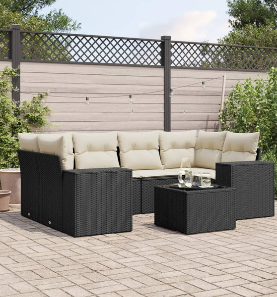 7-tlg. Garten-Sofagarnitur mit Kissen Schwarz Poly Rattan