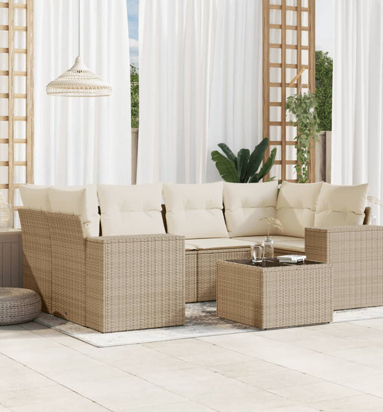 7-tlg. Garten-Sofagarnitur mit Kissen Beige Poly Rattan