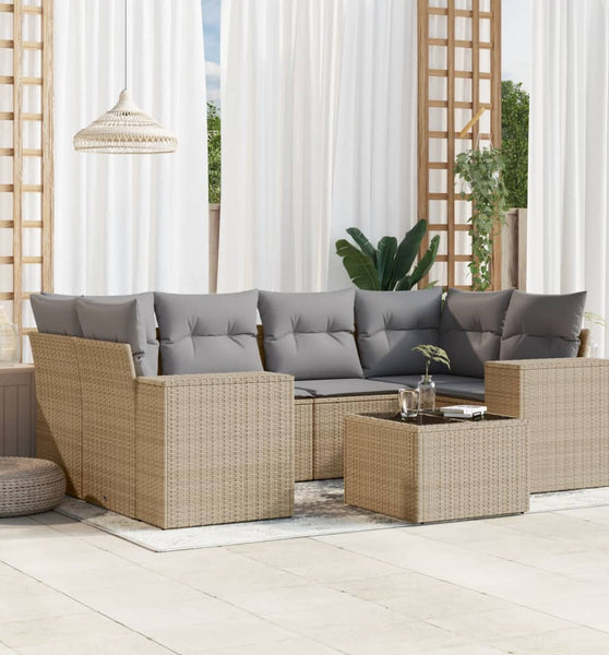 7-tlg. Garten-Sofagarnitur mit Kissen Beige Poly Rattan