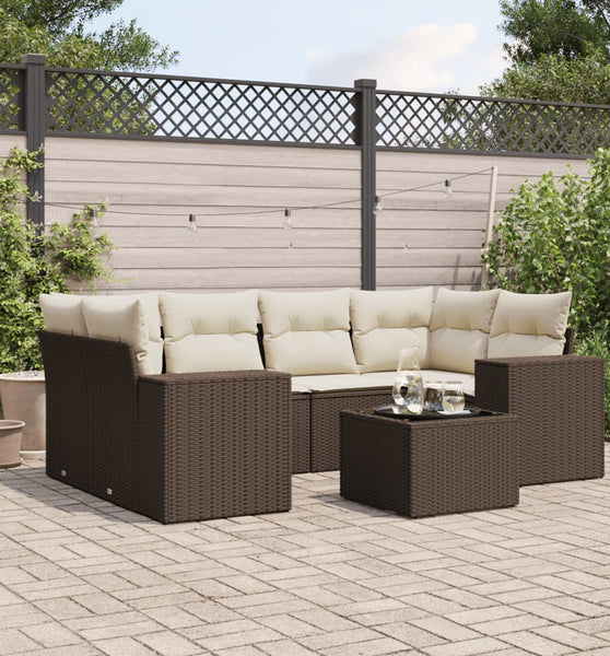 7-tlg. Garten-Sofagarnitur mit Kissen Braun Poly Rattan