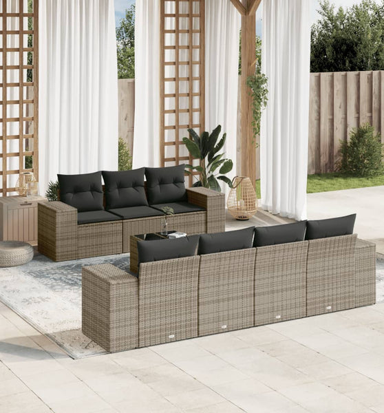 8-tlg. Garten-Sofagarnitur mit Kissen Grau Poly Rattan