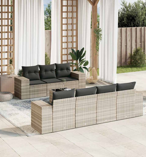 8-tlg. Garten-Sofagarnitur mit Kissen Hellgrau Poly Rattan